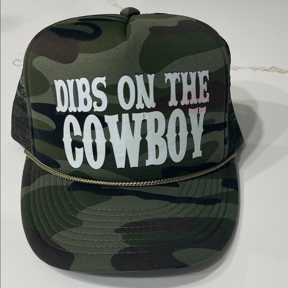 NWT DIBS ON THE COWBOY Camouflage Trucker Hat with Bold Text